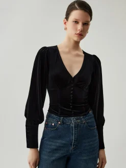 Velvet Buttoned V-neck Long Sleeve Crop Top