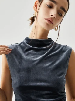 Velvet Draped Mock Neck Sleeveless Crop Top