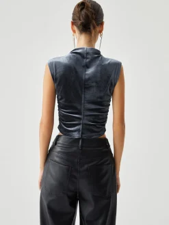 Velvet Draped Mock Neck Sleeveless Crop Top