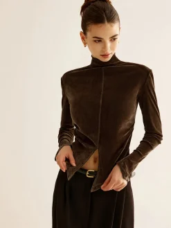 Velvet Mock-Neck Slit T-Shirt