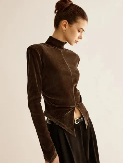 Velvet Mock-Neck Slit T-Shirt