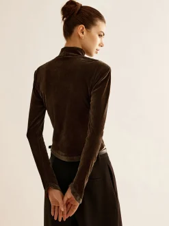 Velvet Mock-Neck Slit T-Shirt