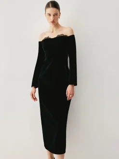 Velvet Off-shoulder Patchwork Slit Midi Dress