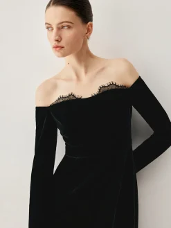Velvet Off-shoulder Patchwork Slit Midi Dress