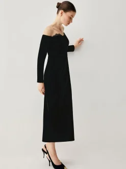 Velvet Off-shoulder Patchwork Slit Midi Dress