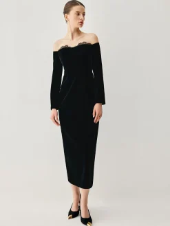 Velvet Off-shoulder Patchwork Slit Midi Dress