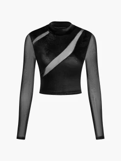 Velvet Panel Sheer Crop Blouse