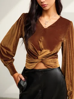 Velvet Pleated Slim Blouse