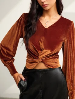 Velvet Pleated Slim Blouse