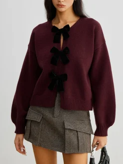 Velvet-Bow Lantern Sleeve Sweater