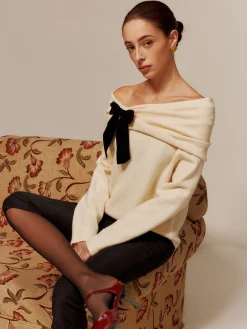 Velvet-Bow Off-Shoulder Ruched Sweater