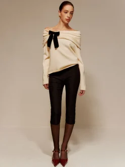 Velvet-Bow Off-Shoulder Ruched Sweater