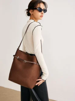 Versatile Suede Buckle Bucket Bag
