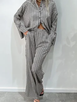 Vintage Lapel Elastic Waist Pants Set