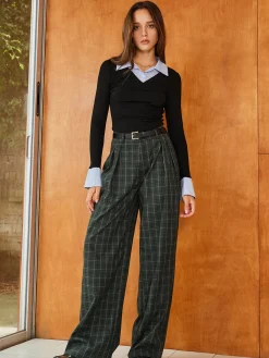 Vintage Plaid Belted Wide-Leg Pants
