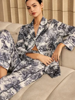 Vintage Printed Piping Pants Set