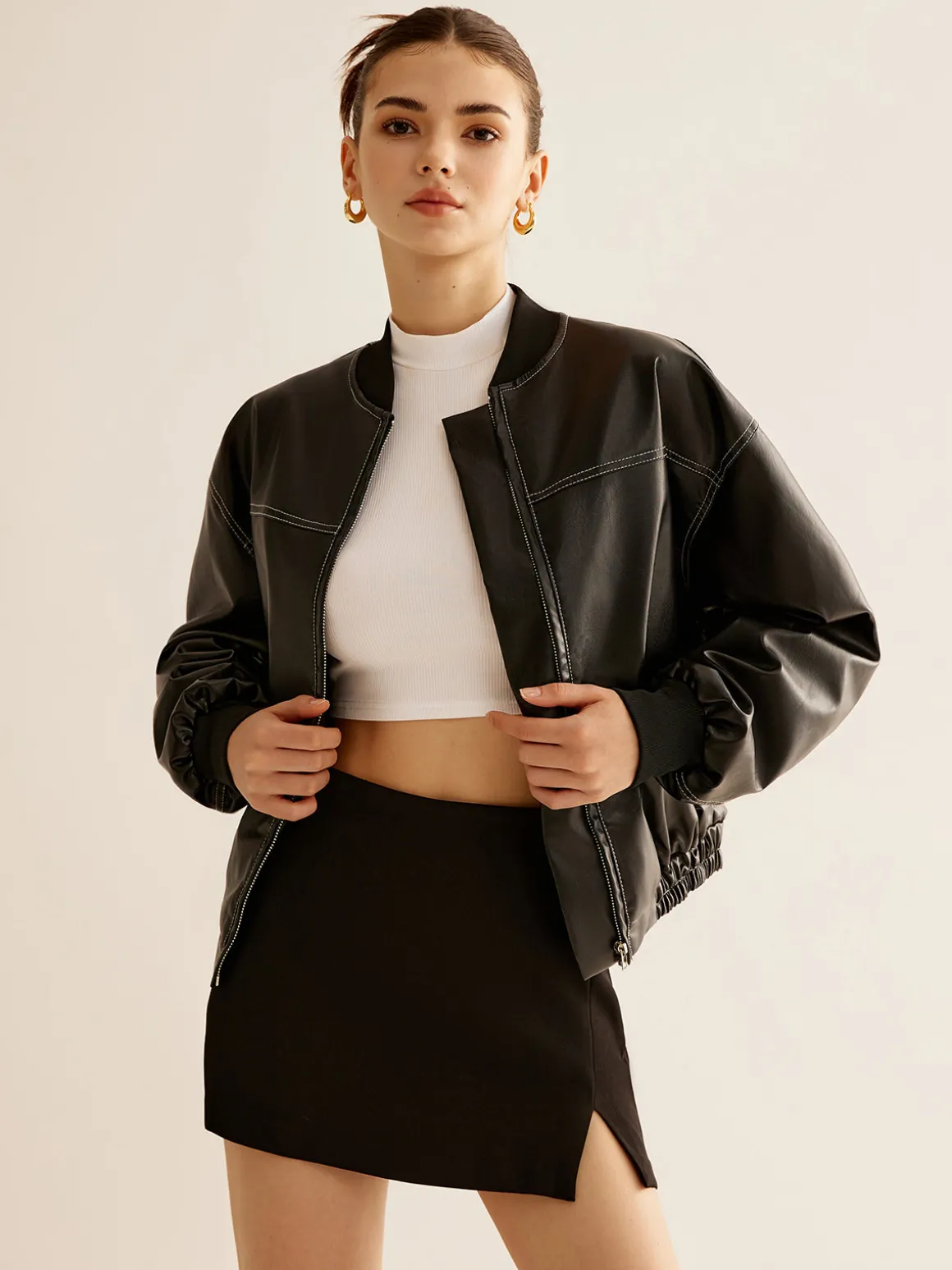 Vintage Zipper PU Leather Short Jacket