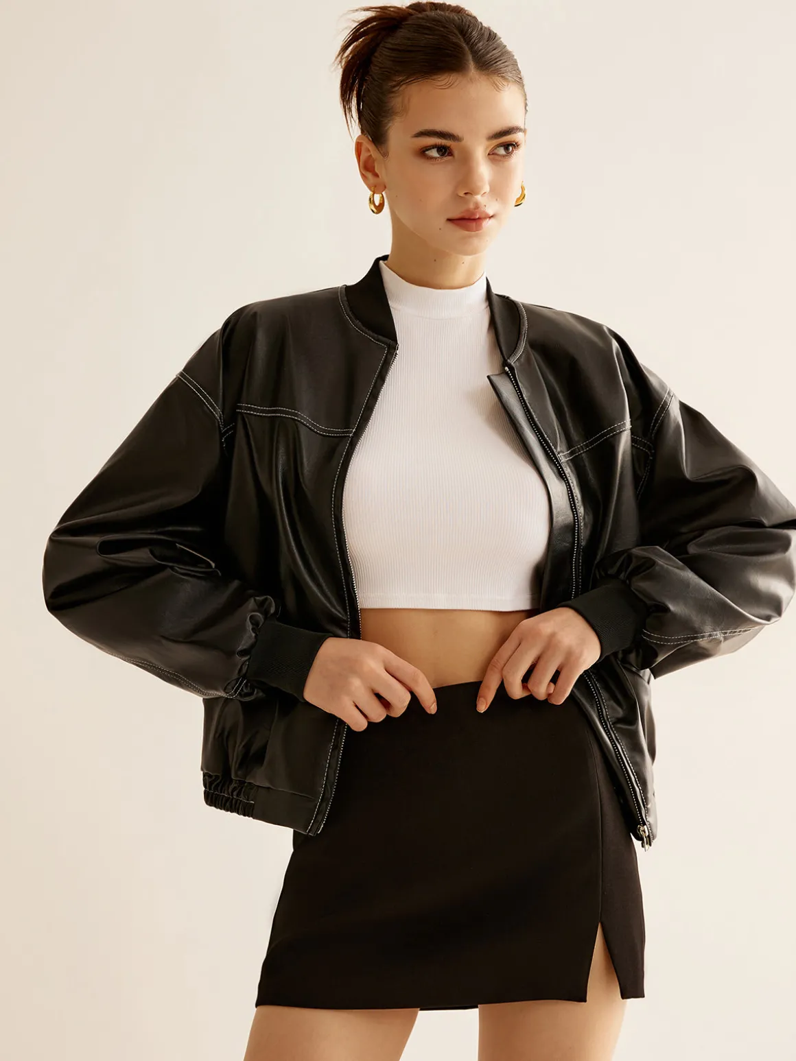 Vintage Zipper PU Leather Short Jacket