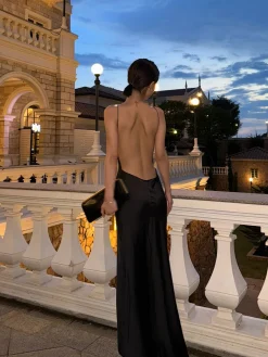 V-Neck Backless Satin Long Dress