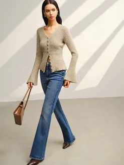 V-Neck Bell Sleeve Button Cardigan