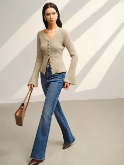 V-Neck Bell Sleeve Button Cardigan