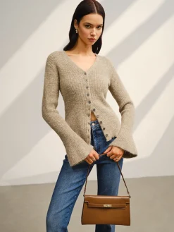 V-Neck Bell Sleeve Button Cardigan