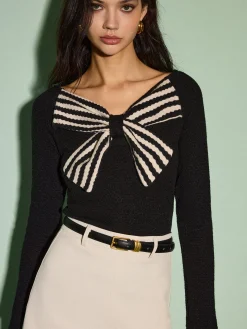 V-Neck Bow Front Slim Sweater