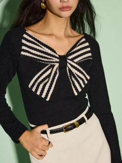 V-Neck Bow Front Slim Sweater