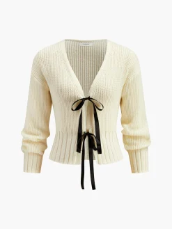 V-Neck Bow Ribbed Cardigan