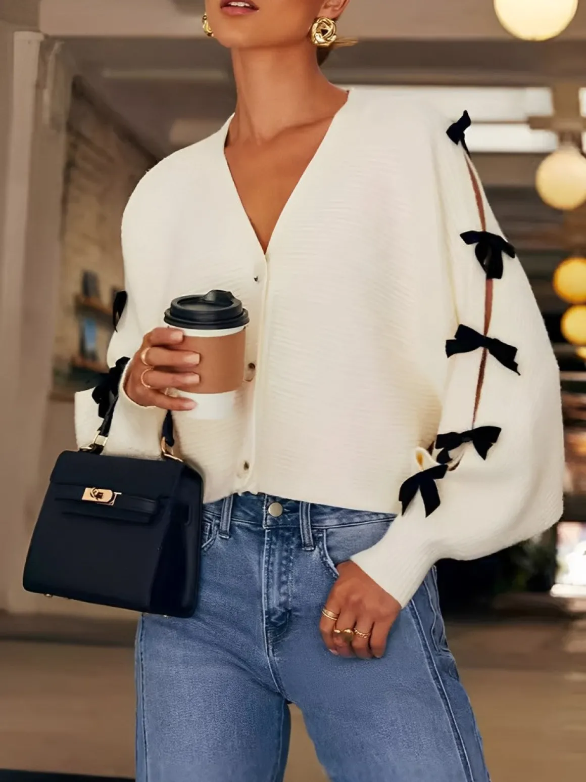 V-Neck Bow-Decor Short Cardigan