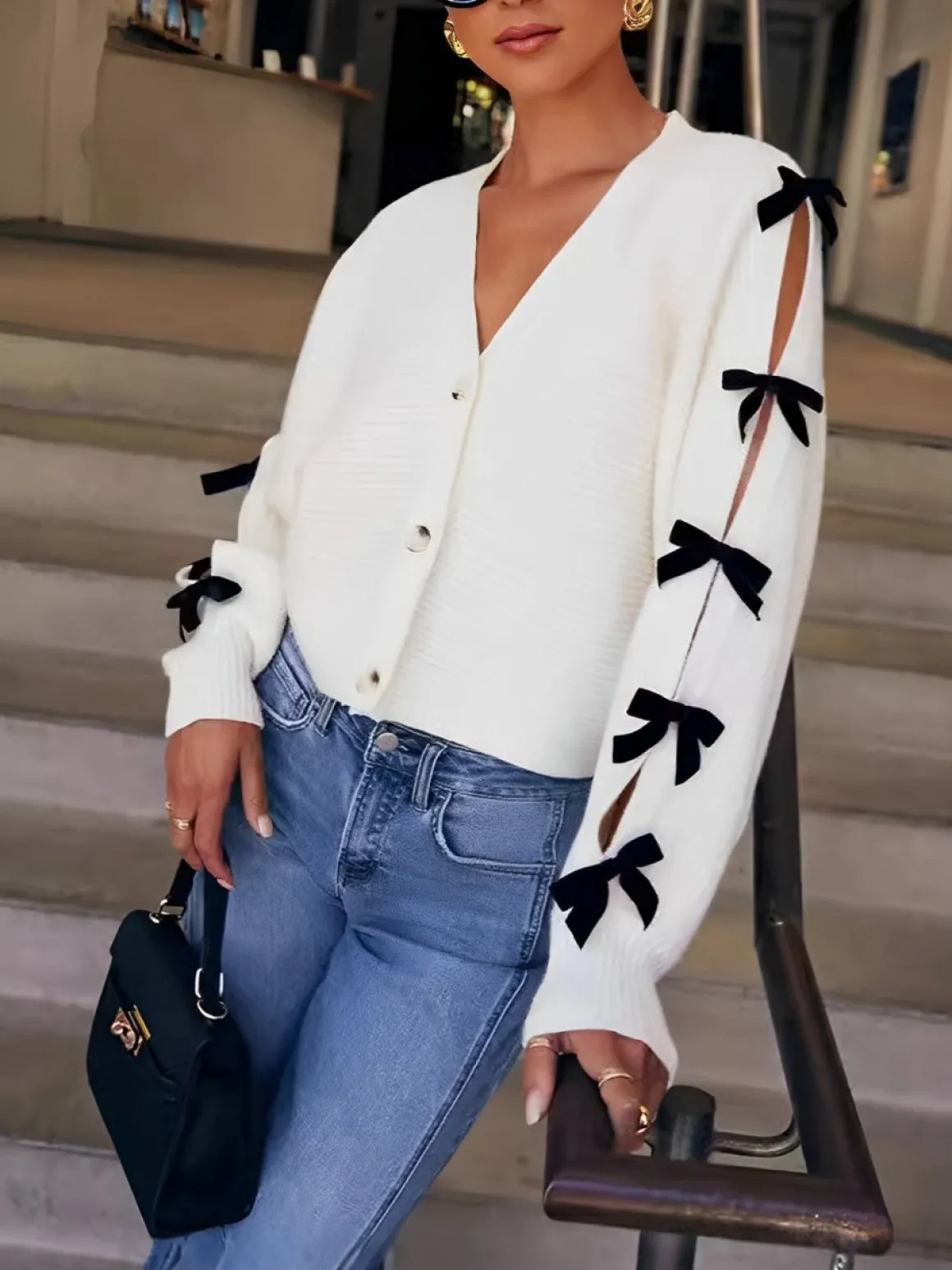 V-Neck Bow-Decor Short Cardigan
