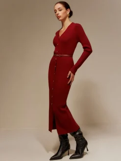 V-Neck Breasted Belted Sweater Long Dress