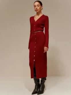 V-Neck Breasted Belted Sweater Long Dress