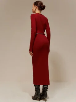 V-Neck Breasted Belted Sweater Long Dress