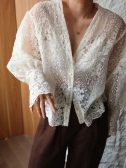 V-Neck Button Floral Sheer Shirt