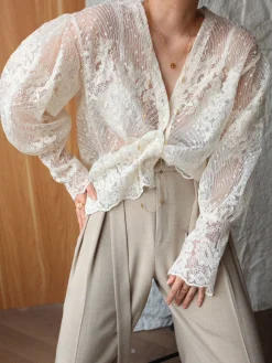 V-Neck Button Floral Sheer Shirt