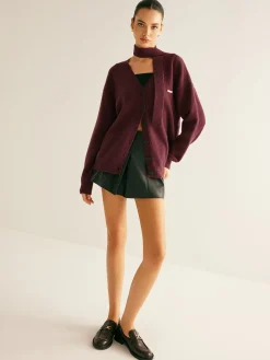 V-Neck Button Knit Outerwear With Scarf