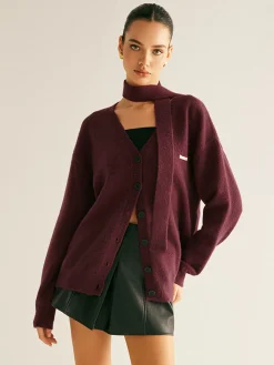 V-Neck Button Knit Outerwear With Scarf