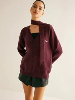V-Neck Button Knit Outerwear With Scarf