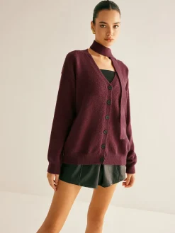 V-Neck Button Knit Outerwear With Scarf