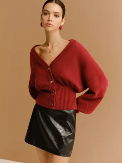 V-Neck Cinched Waist Button Cardigan