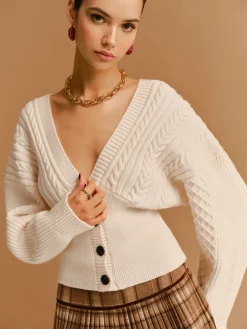 V-Neck Cinched Waist Twist Button Cardigan
