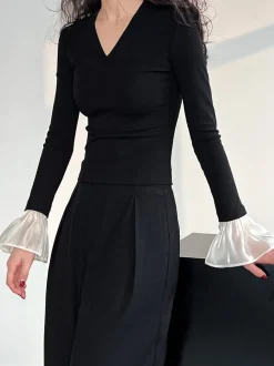 V-Neck Contrast Ruffle-Cuff Blouse