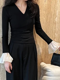 V-Neck Contrast Ruffle-Cuff Blouse