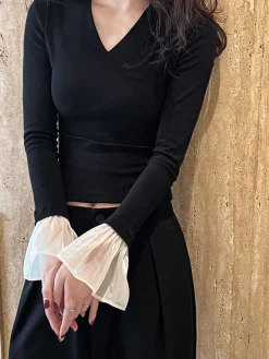 V-Neck Contrast Ruffle-Cuff Blouse