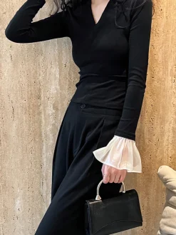 V-Neck Contrast Ruffle-Cuff Blouse