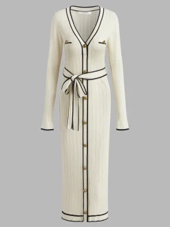 V-Neck Contrast Trim Belted Sweater Dress