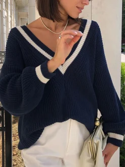 V-Neck Contrast Trim Sweater
