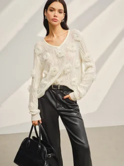 V-Neck 3D Flower Knit Top