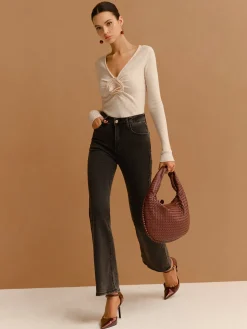 V-Neck 3D Flower Pleated Slim Blouse